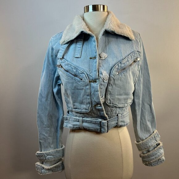 Fashion Nova Women's Belted Sherpa Moto Denim Jacket - Size Small - NWT - Picture 3 of 7